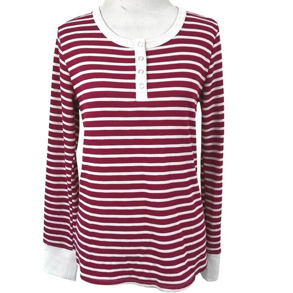 Lucky Brand Tops - Lucky Brand Red White Stripe Henley Top Small Waffle Knit Long Sleeve Casual